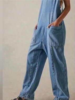 Free People Mid Wash Blue Denim Overalls